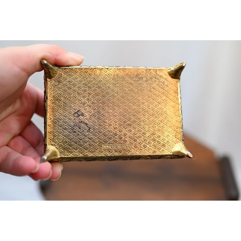 Vintage Brass Jewelry Box Filigree Footed Gold Red Velvet Lined Made in Japan